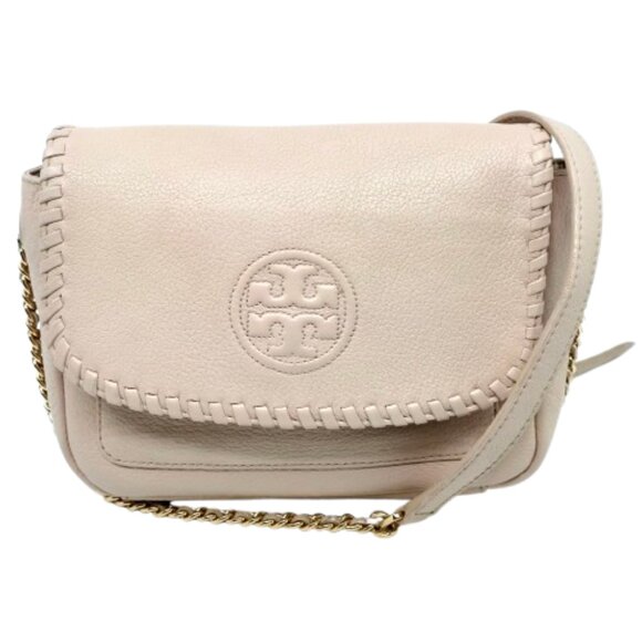 TORY BURCH~Marion Mini Bag~NUDE PINK PEBBLED LEATHER FLAP CROSSBODY GOLD CHAIN - Picture 1 of 7